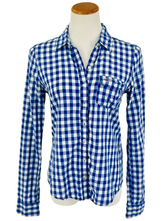 Hollister Tops - VTG Hollister Blue White Plaid Button Front Flannel Shirt M| Indie Sleaze Grunge